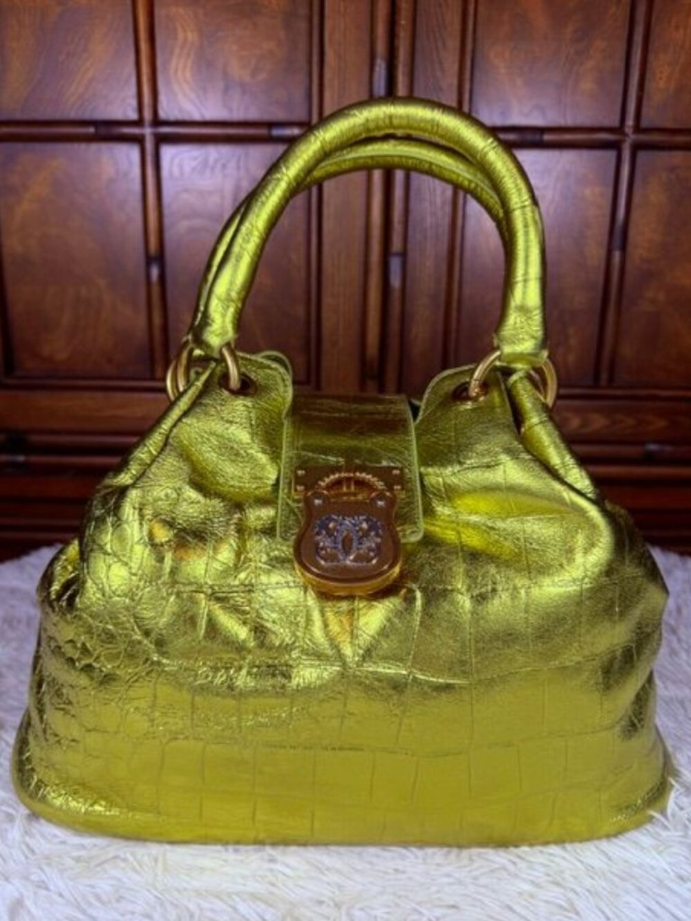 Sharif Citron Genuine Leather Croc Embossed Padlock Convertible Shape Hobo Tote